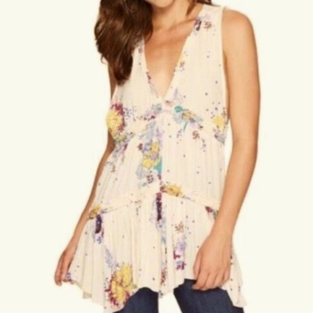 Free People Women's Ivory Floral V-Neck Sleeveless Ruffled Tunic Top Size XS